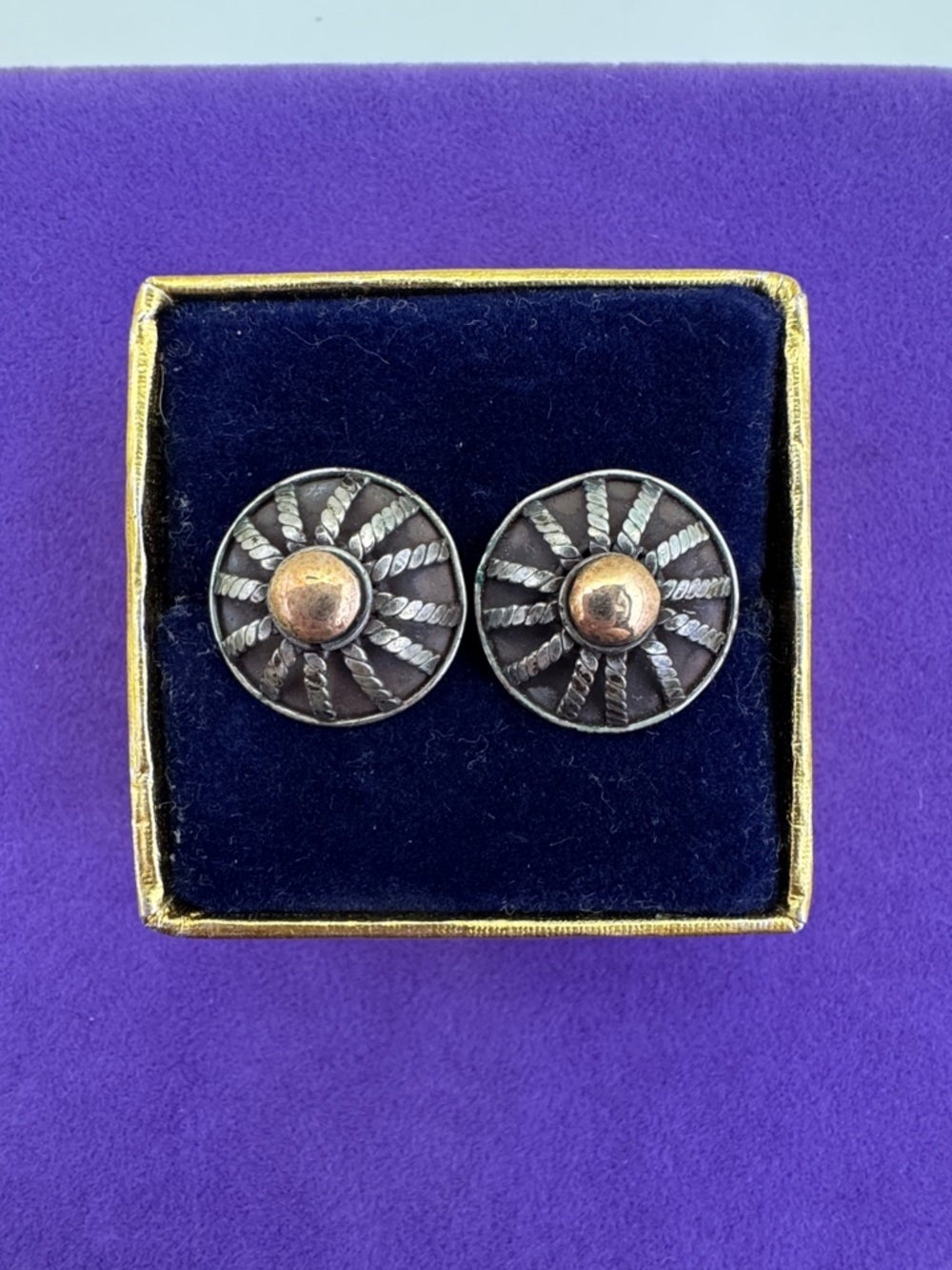 💛 Vintage 925 & 18k Gold Button Earrings | Unique Sunburst